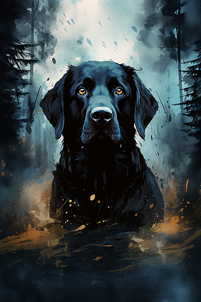 Der Beschützer im Sturm: Ein schwarzer Labrador in der Dunkelheit des Waldes